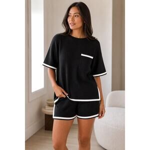 Zanzea Black White  Sweater Short Set XL Knit Lounge Matching Set Contrast Trim